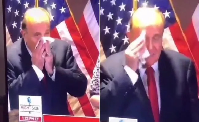 Rudy Giuliani Blowing Nose Into A Napkin Using It To Wipe His Face - Sakshi