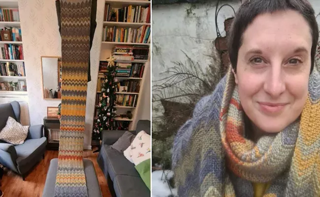 Woman Turned 2020 Into Art Project By Knitting 3m Scarf with 1kg wool - Sakshi