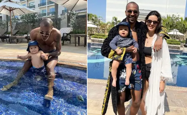 Hardik Pandya With His Son Agastya In Swimming Pool Photos Gone Viral - Sakshi