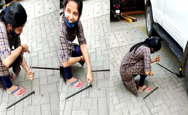 Mysore District Collector Rohini Sindhuri Replace Car Tyre On Her Own - Sakshi