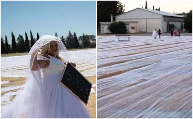 Bride Creates Guinness World Record For Wearing Long Wedding Veil - Sakshi