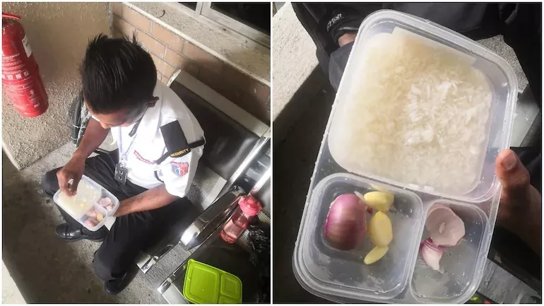 Malaysia Security Guard Eats Rice With Just Onions And Garlic For Lunch - Sakshi