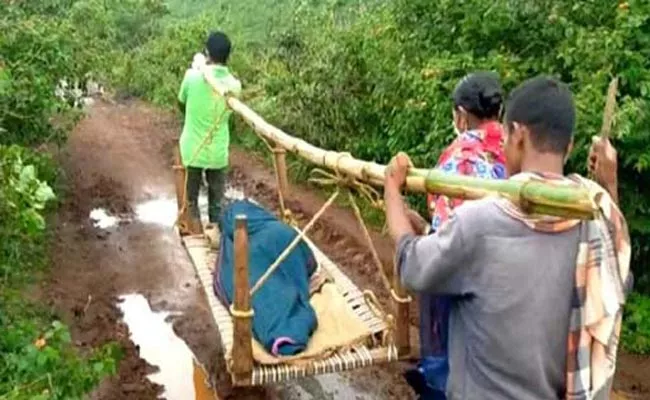 Villagers Carry Pregnant Woman For 3 KM For Ambulance In Rayagada - Sakshi