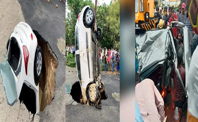 Cop Car Falls Into Sinkhole While And Truck Overturns Falls On Van In Delhi - Sakshi