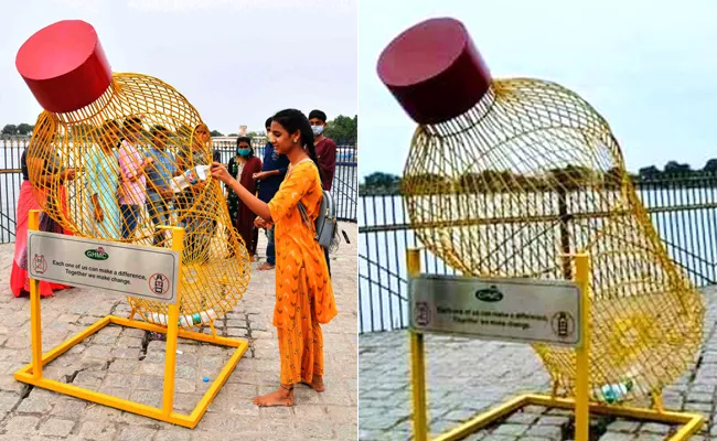 Innovative Bottle Dustbin Impressing People On Necklace Road - Sakshi