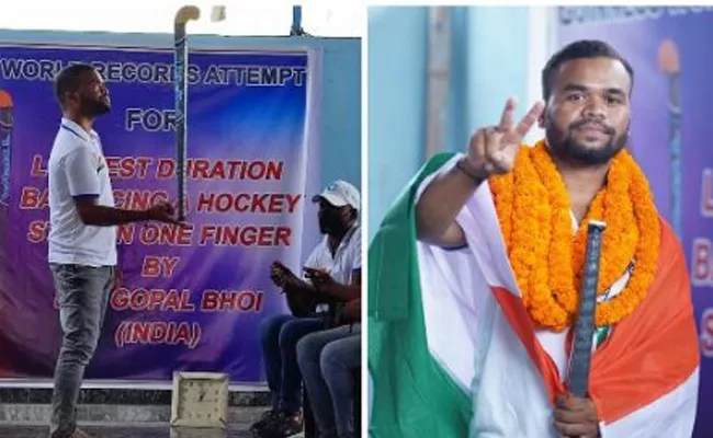 Rajgopal Bhoi Guinness Book Of World Records For Balancing Hockey Stick On Finger - Sakshi