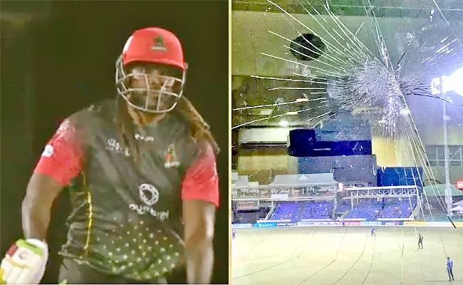 CPL 2021: Chris Gayle Straight Six Shatters Glass Became Viral - Sakshi