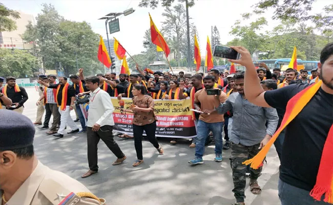 Protest Against Hindi Divas In Karnataka - Sakshi