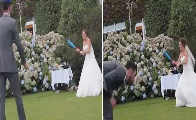 Bride Hits Bride Groom Accidently With Rounders Ball England Goes Viral - Sakshi