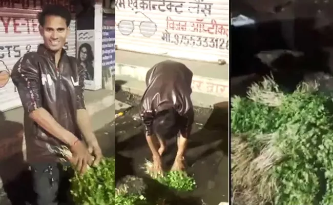 Viral Video Bhopal Vegetable Seller Washing Coriander In Drain Water - Sakshi