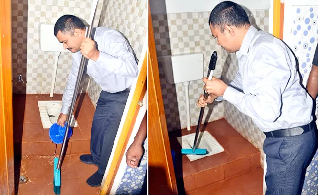 World Toilet Day: Collector Clean School Bathroom In Visakhapatnam - Sakshi