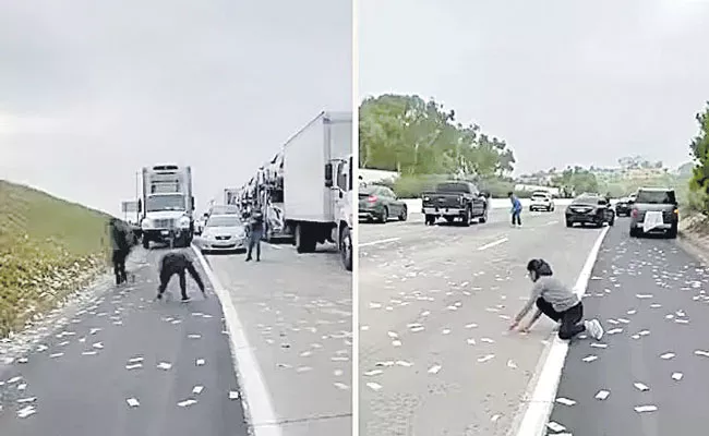 Drivers scramble as cash falls from armored truck on freeway - Sakshi