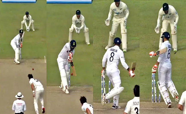 IND vs NZ: Clean Bowled Jadeja Frustration Try To Hit Stumps With Bat - Sakshi