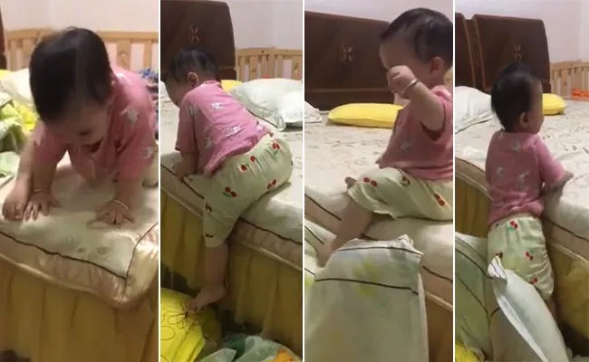 Viral Video: Baby Uses This Genius Technique to Get Off From The Bed. - Sakshi