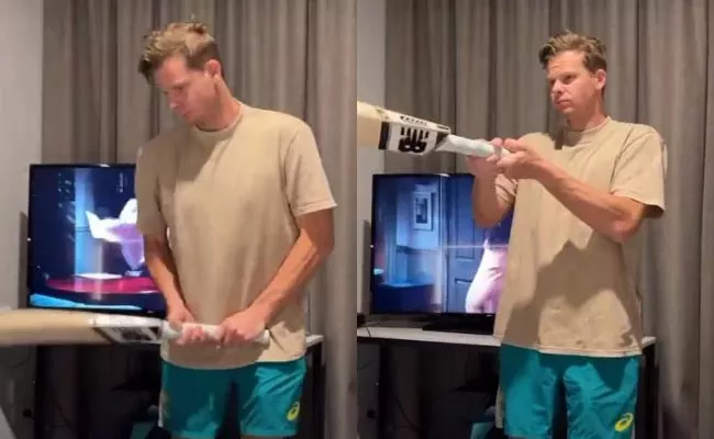 Steve Smith spotted shadow batting late Night in Adelaide hotel room - Sakshi