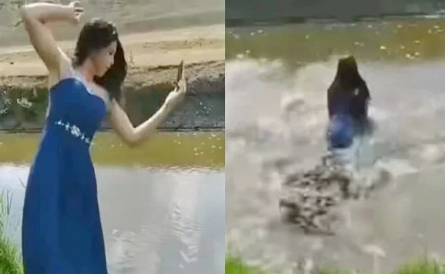 Madness of selfie A girl falls in water whileclicking selfie viral video - Sakshi