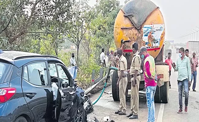 Car Knocks Down Two Workers Watering Plants On Outer Ring Road - Sakshi