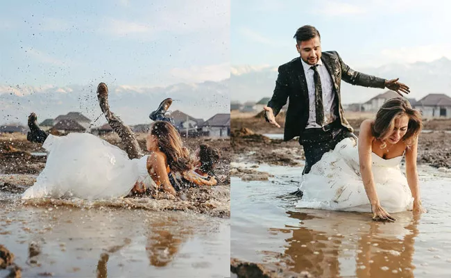 Viral: Kazakhstan Couple Falls In muddy Puddle During Wedding Photoshoot - Sakshi