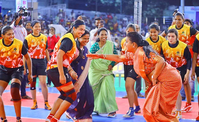 Nagari MLA RK Roja Playing Kabaddi At National Kabaddi Tournament - Sakshi