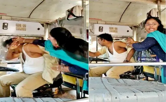 Woman Attacked RTC Bus Driver In Vijayawada