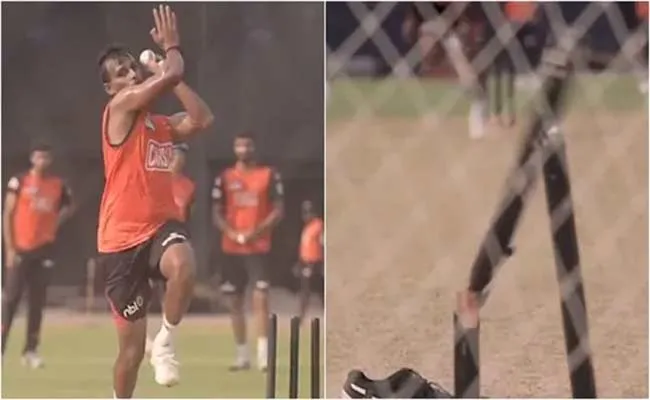 T Natarajan breaks stumps during Sunrisers Hyderabad training session ahead of IPL 2022 - Sakshi