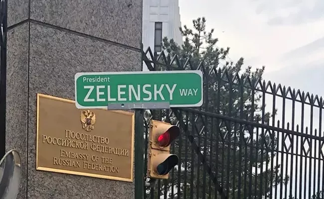 A Photo Of A Road Sign Reading President Zelensky Way - Sakshi