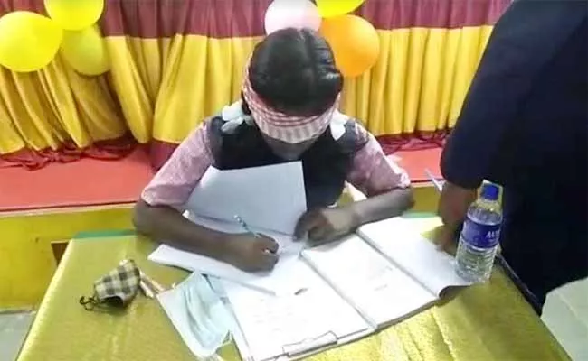 Tamil Nadu Student Rare Skill Of Blindfolded Copying Text In Book - Sakshi