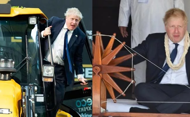 After Charkha Boris Johnson Tries Bulldozer During India Visit - Sakshi