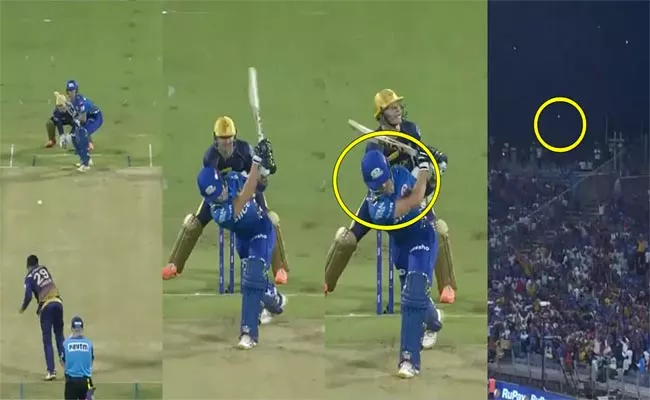 Dewald Brevis hits a no look six against Varun Chakravarthy in MI vs KKR match - Sakshi