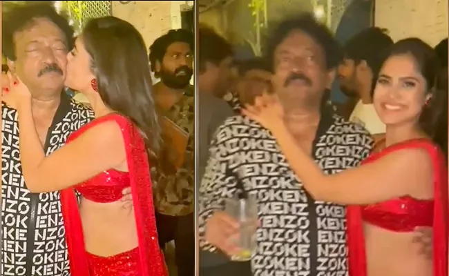 Naina Ganguly Kisses Ram Gopal Varma In His Birthday Party - Sakshi