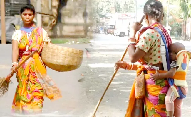 Odisha Mother Sweeper Cleans Road With Her Baby Tied Back - Sakshi