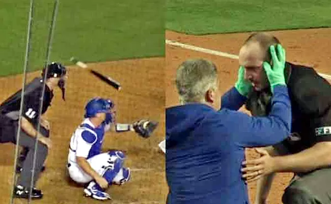 Plate Umpire Gets Hit On-Face Mike-Trout Broken Bat Leaves Field Midway - Sakshi