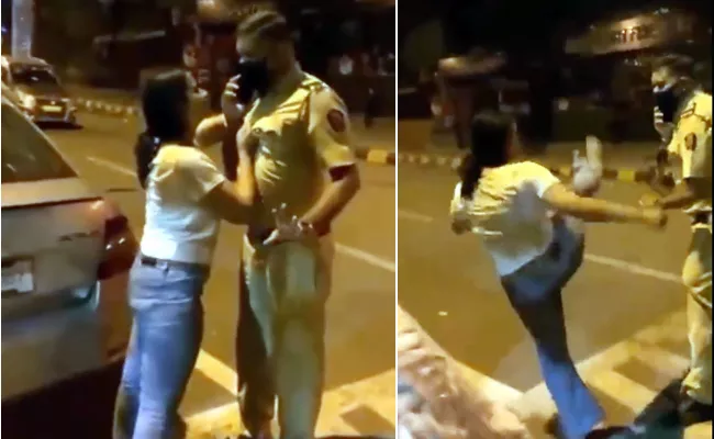 Viral Video: Drunk Woman Kicks Police Officer And Grabs His Collar - Sakshi