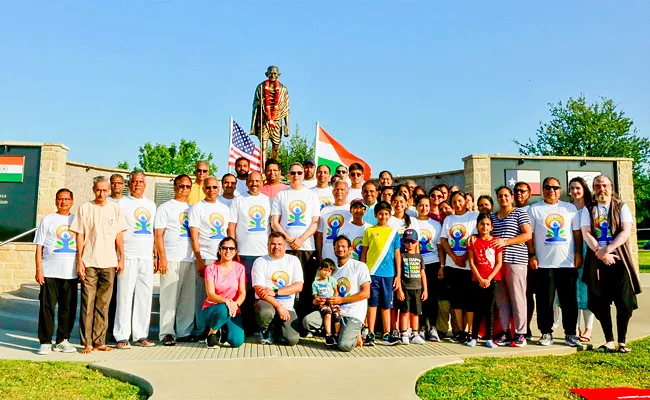 Yoga Day Celebrations At Mahathma Gandhi Memorial in Dallas - Sakshi