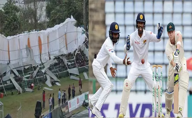 SL VS AUS 1st Test Day 2: Stand Collapses Due To Heavy Rain - Sakshi