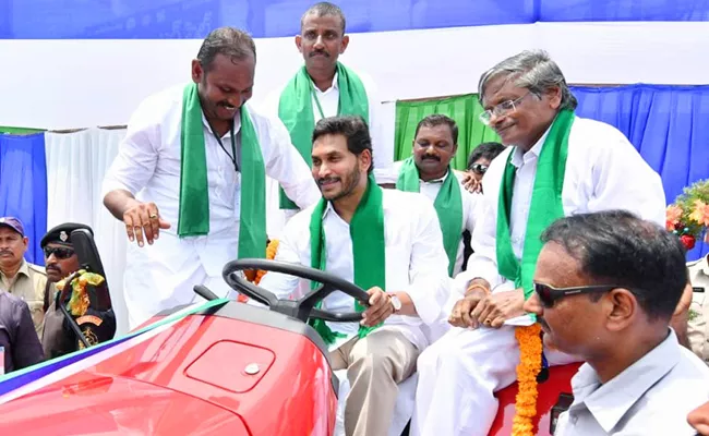 CM YS Jagan Drives Tractor at YSR Yantra Seva Scheme Launching - Sakshi