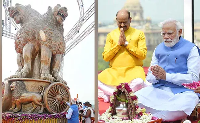 PM Modi Unveils National Emblem On New Parliament Building - Sakshi