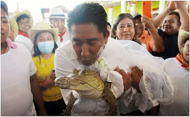 Viral Video: Mexico Mayor Marries Alligator Dressed As A Bride In Age Old Ritual - Sakshi