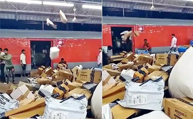 Porters fling packages on railway platform Viral video amazon reacts - Sakshi