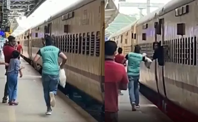 Video Of Dunzo Agent Running To Deliver Package On Train - Sakshi