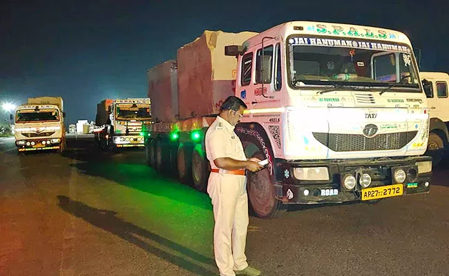 RT Officials On Vehicles Transporting Granite With Heavy Load - Sakshi