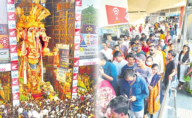 Khairatabad Ganesha Attracts Large Number of Devotees, Heavy Rush in Metro Trains - Sakshi