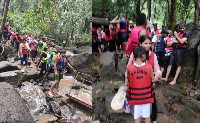 Over 40 Tourists Rescued From Goa Dudhsagar Water Falls - Sakshi