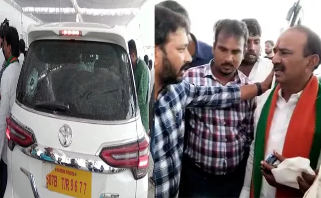 Miscreants Pelted Stones On MLA Etela Rajender Convoy In Munugode - Sakshi