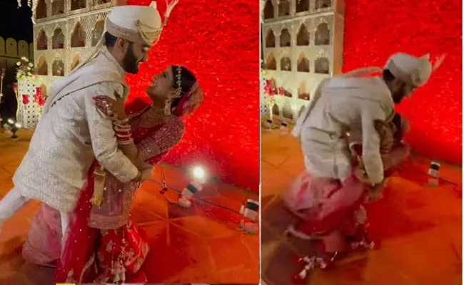 Bride And Groom Fall On Stage During Wedding Photoshoot Viral Video - Sakshi