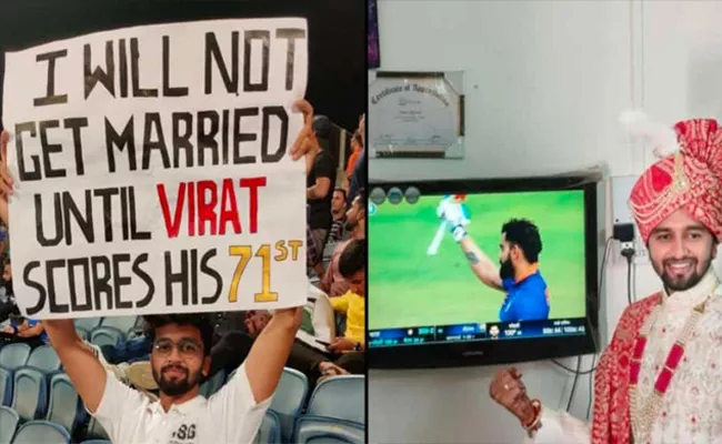 Fan Shows Placard-Will Not Get Married Kohli-71st-Ton Married Day 74th-Ton - Sakshi