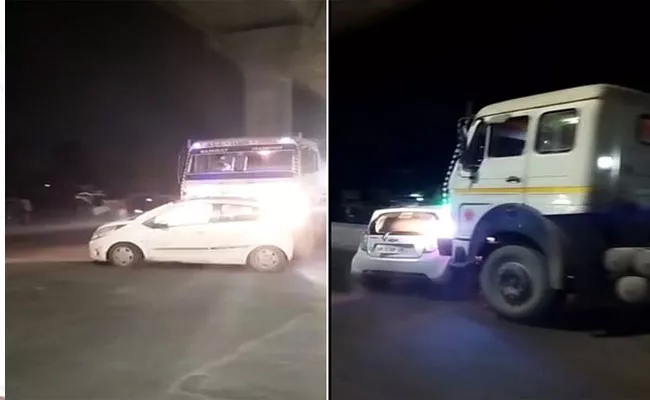 Viral Video: Drunk UP Man Drags Car With Container Truck - Sakshi