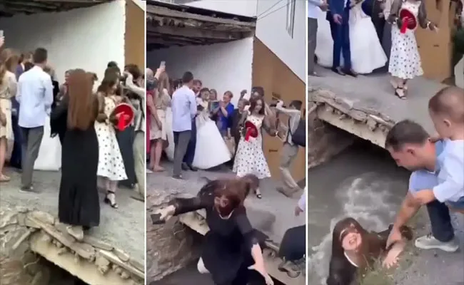 Viral Video Woman accidentally falls into Drain While Taking Wedding Pictures - Sakshi