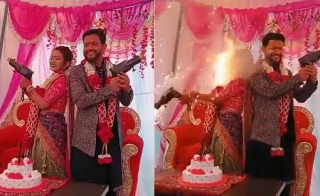 Viral Video: Bride Burns Her Face While Posing With Firecracker Gun - Sakshi