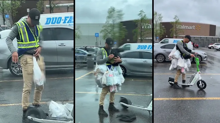 Viral Video Man Carrying Groceries On  An Electric Scooter